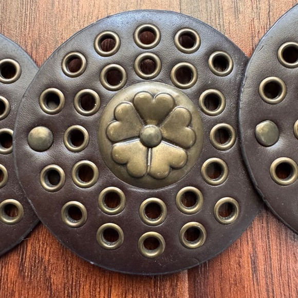 Women's Brown Concho Belt Brass Disc Buckle Coachella Festival Fit Western Boho - Picture 11 of 16